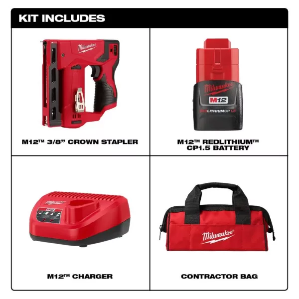 Milwaukee M12 12-Volt Lithium-Ion Cordless 3/8 in. Crown Stapler Kit W/ (1) 1.5Ah Battery, Charger & Bag