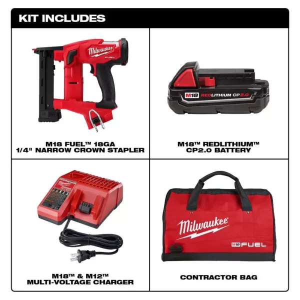 Milwaukee M18 FUEL 18-Volt Lithium-Ion Brushless Cordless 18-Gauge 1/4 in. Narrow Crown Stapler Kit w/ Battery 2Ah, Charger & Bag