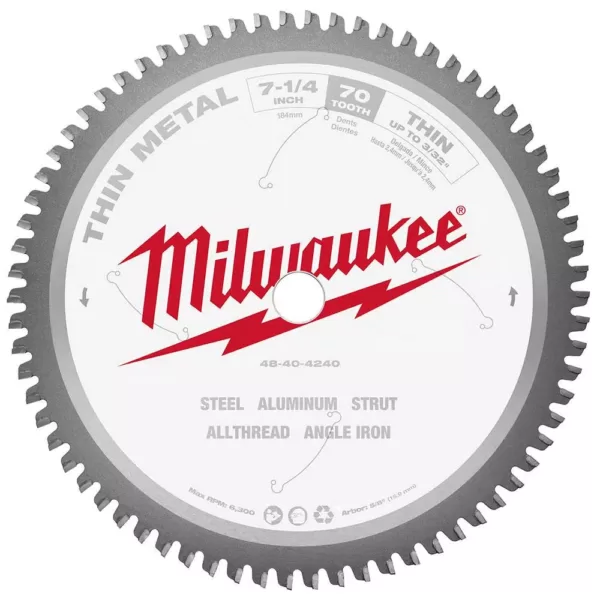 Milwaukee 7-1/4 in. x 70 Carbide Teeth Thin Metal Cutting Circular Saw Blade