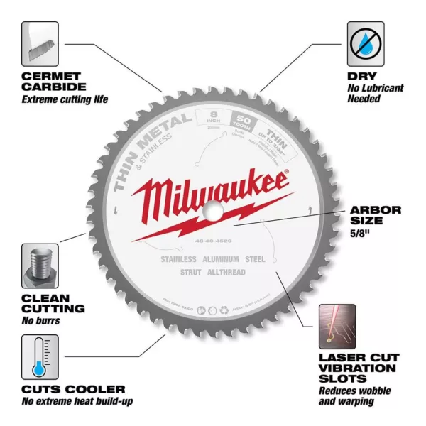 Milwaukee 8 in. x 50 Carbide Teeth Thin Metal & Stainless Cutting Circular Saw Blade