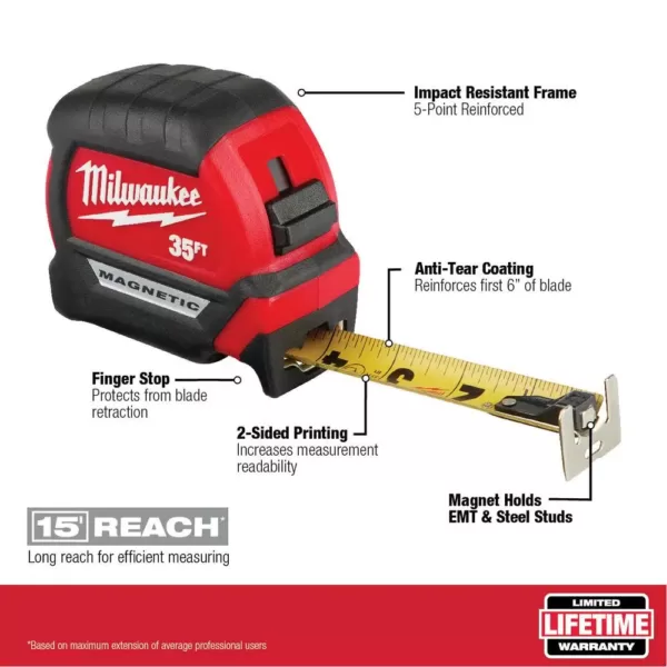 Milwaukee 35 ft. x 1 in. Compact Magnetic Tape Measure with 15 ft. Reach