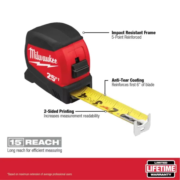 Milwaukee 25 ft. x 1.2 in. Compact Wide Blade Tape Measure with 12 ft. Standout and Torpedo Level