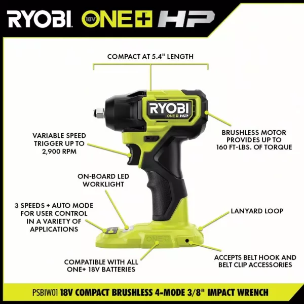 RYOBI ONE+ HP 18V Brushless Cordless Compact 1/2 in. Drill/Driver, 4-Mode 3/8 in. Impact Wrench, (2) 1.5 Ah Batteries, Charger