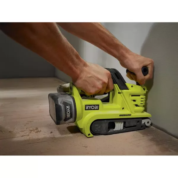 RYOBI 18-Volt ONE+ Cordless Brushless Belt Sander with Dust Bag and Corner Cat Sander with Sample Sandpaper (Tools Only)