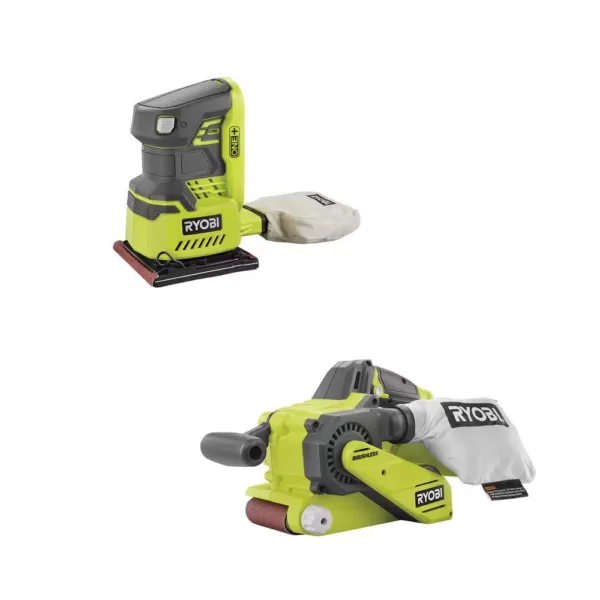 RYOBI 18-Volt ONE+ Cordless Brushless Belt Sander w/ Dust Bag and Sanding Belt and 1/4 Sheet Sander with Dust Bag (Tools Only)