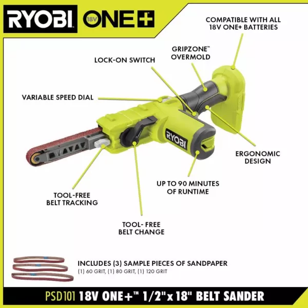 RYOBI ONE+ 18V Cordless 1/2 in. x 18 in. Belt Sander (Tool Only)