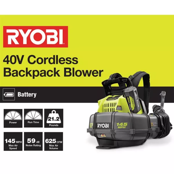 RYOBI Reconditioned 145 MPH 625 CFM 40-Volt Lithium-Ion Cordless Backpack Blower 5 Ah Battery and Charger Included