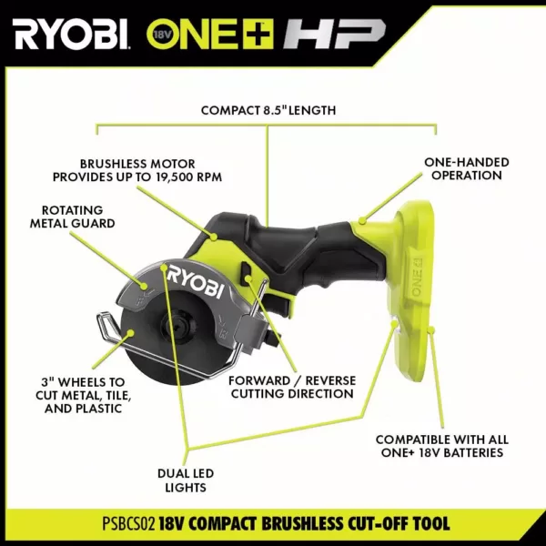 RYOBI ONE+ HP 18V Brushless Cordless Compact 3/8 in. Impact Wrench and Compact Cut-Off Tool (Tools Only)