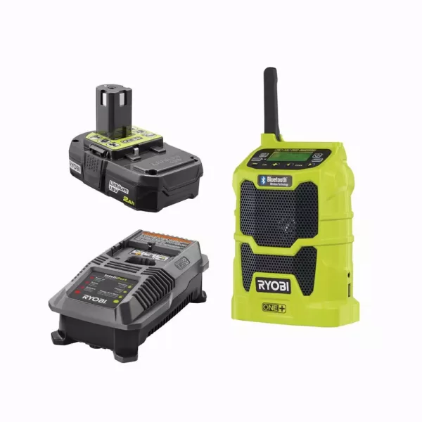 RYOBI 18-Volt ONE+ Cordless Compact Radio with Lithium-Ion 2.0 Ah Battery and Dual Chemistry IntelliPort Charger Kit