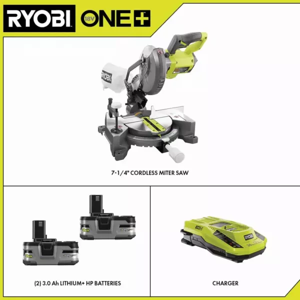 RYOBI ONE+ 18V Cordless 7-1/4 in. Miter Saw with (2) 3.0 ONE+ 18V LITHIUM+ HP Batteries and Dual Chemistry Charger