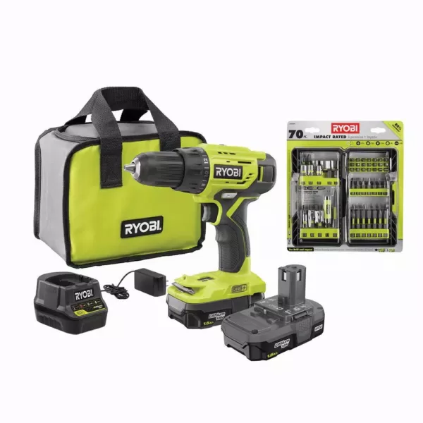 RYOBI ONE+ 18V Cordless 1/2 in. Drill Driver Kit w/ (2) 1.5 Ah Batteries, Charger, & Bag w/ Impact Rated Driving Kit (70Piece)