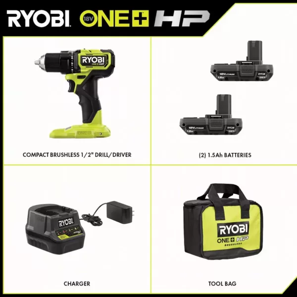 RYOBI ONE+ HP 18V Brushless Cordless Compact 1/2 in. Drill/Driver Kit with (2) 1.5 Ah Batteries, Charger and Bag