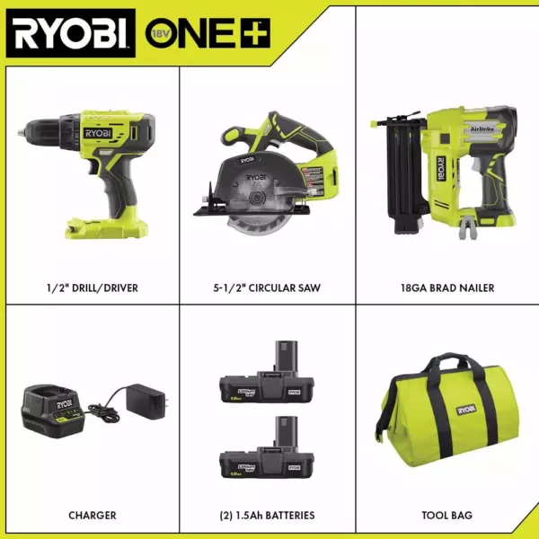 RYOBI 18-Volt ONE+ Lithium-Ion Cordless 2-Tool Combo Kit with Drill/Driver, Circular Saw, AirStrike 18-Gauge Brad Nailer