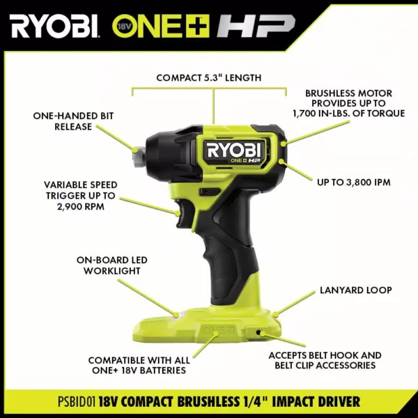 RYOBI ONE+ HP 18V Brushless Cordless Compact 3/8 in. Right Angle Drill and 3/8 in. Impact Wrench (Tools Only)