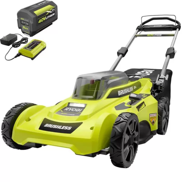 RYOBI 20 in. 40-Volt Brushless Lithium-Ion Cordless Battery Walk Behind Push Lawn Mower 6.0 Ah Battery/Charger Included