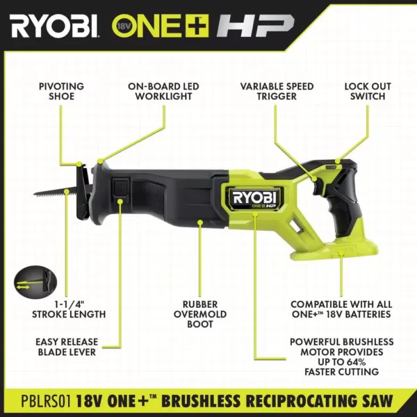 RYOBI ONE+ HP 18V Brushless Cordless Reciprocating Saw (Tool Only)