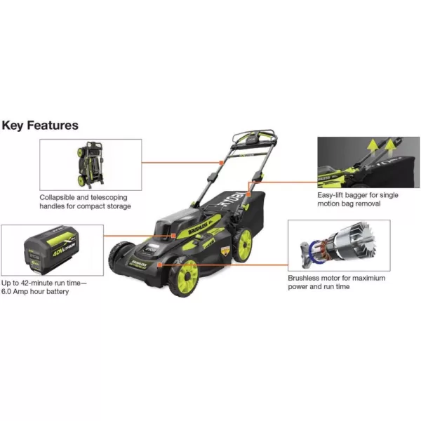 RYOBI 20 in. 40-Volt 6.0 Ah Lithium-Ion Battery Brushless Cordless Walk Behind Self-Propelled Lawn Mower with Charger Included